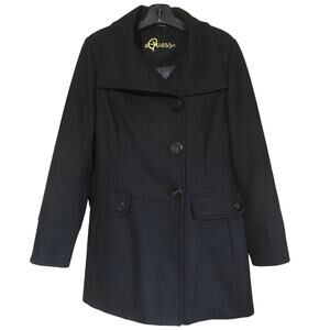 Guess Large Wool Blend Black Lined Pea Coat Gold Embroidery Emblem Chain Loop